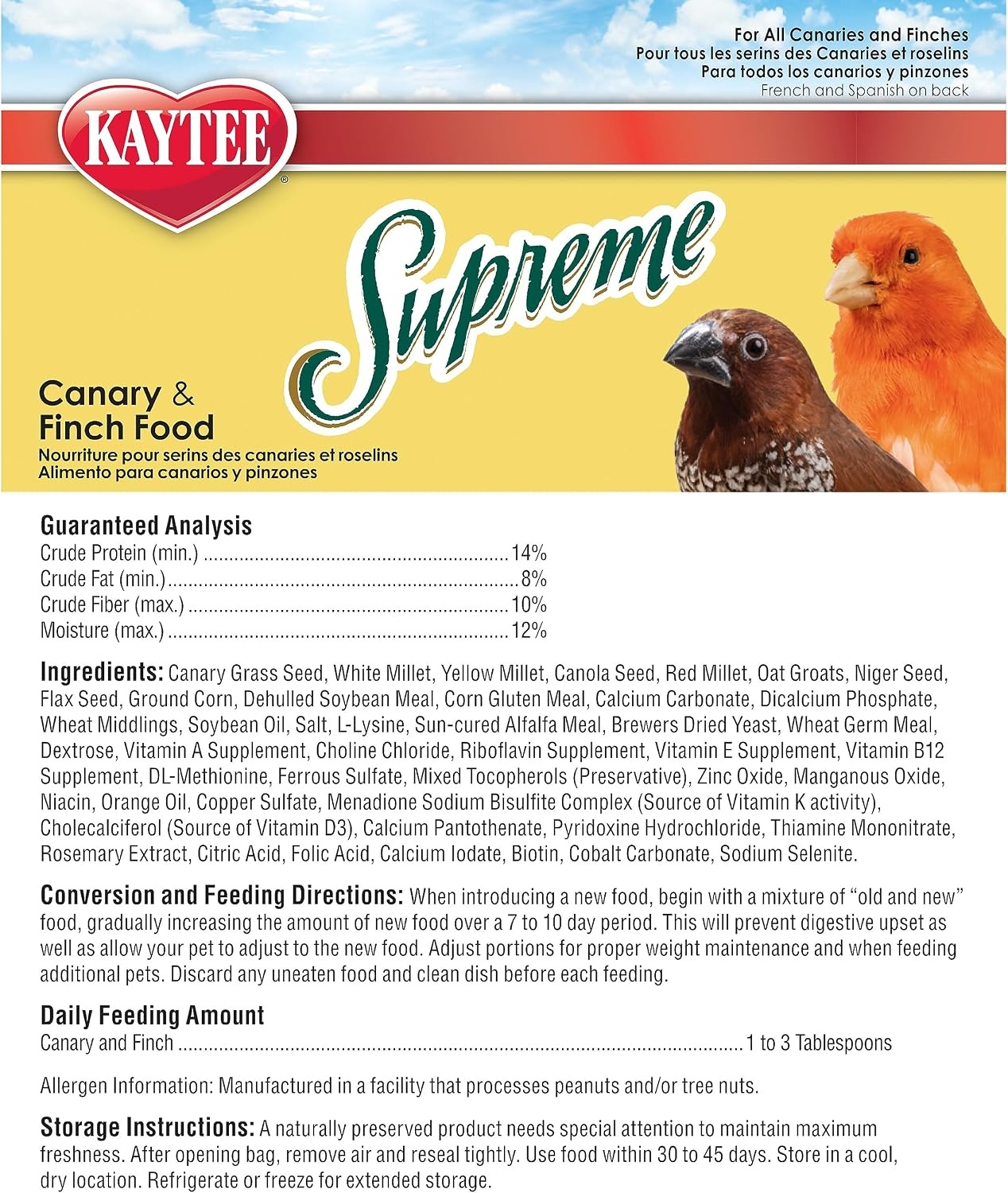 image:imageKaytee Supreme Pet Canary amp Finch Food Natural Seed amp Grain Blend with Added Vitamins amp Minerals No Artificial Colors or Flavors 20 Pounds20 Pound Pack of 1